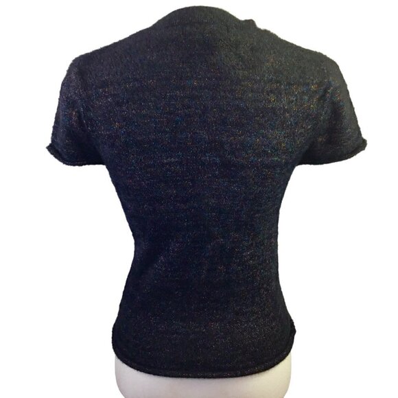 Zara Knit Metallic Thread Women's Sweater Size S Black Short Sleeve Rolled Hems - Picture 7 of 8